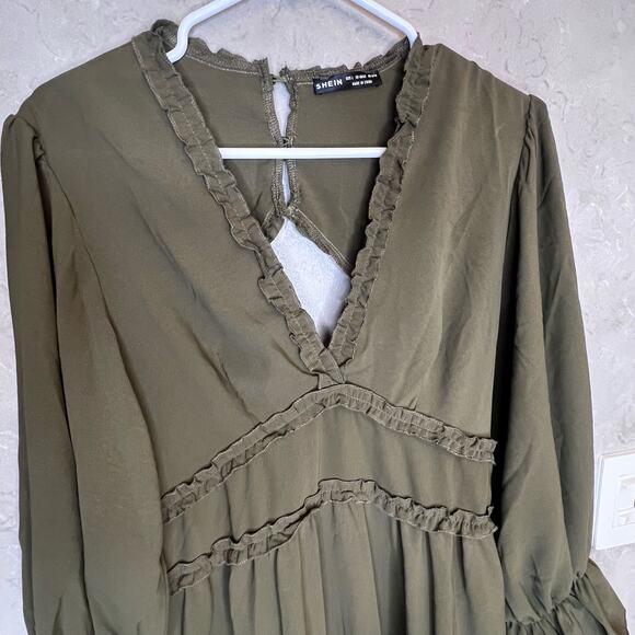 SHEIN Casual Vcay Frill Trim Flare Sleeve Ruffle Hem Dress Army Green Large Boho - Picture 3 of 15